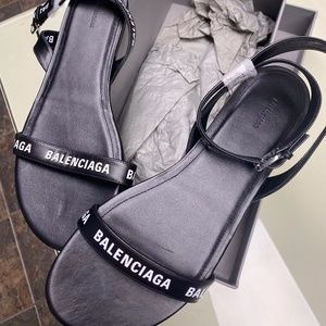 Balenciaga Logo Leather Ankle Strap Sandal